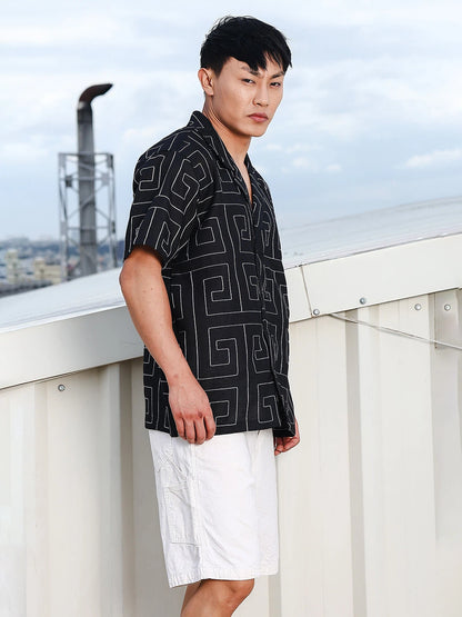 House Of Koala Linen Blend Black Korean Embroidered Notched Lapel Collar Resort Shirt