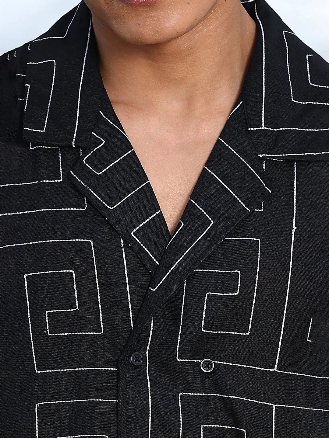 House Of Koala Linen Blend Black Korean Embroidered Notched Lapel Collar Resort Shirt