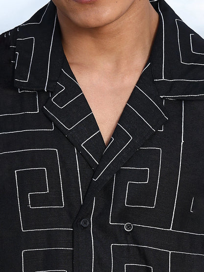 House Of Koala Linen Blend Black Korean Embroidered Notched Lapel Collar Resort Shirt