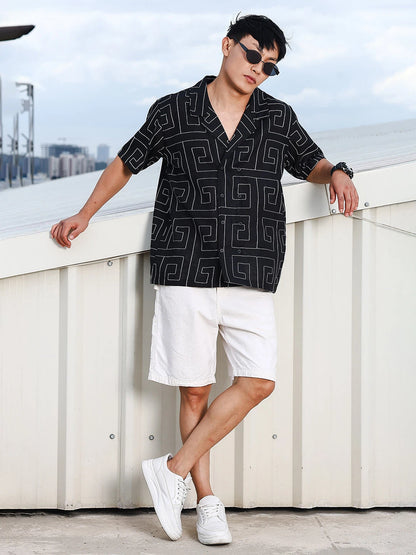 House Of Koala Linen Blend Black Korean Embroidered Notched Lapel Collar Resort Shirt