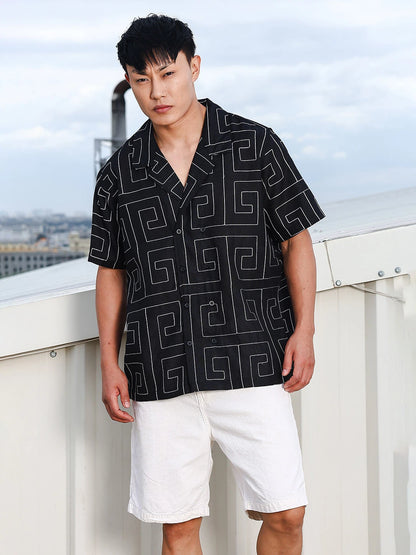 House Of Koala Linen Blend Black Korean Embroidered Notched Lapel Collar Resort Shirt