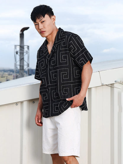 House Of Koala Linen Blend Black Korean Embroidered Notched Lapel Collar Resort Shirt