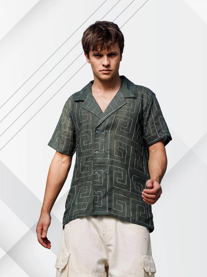 House Of Koala Olive Korean Linen Blend Embroidered Notched Lapel Collar Resort Shirt