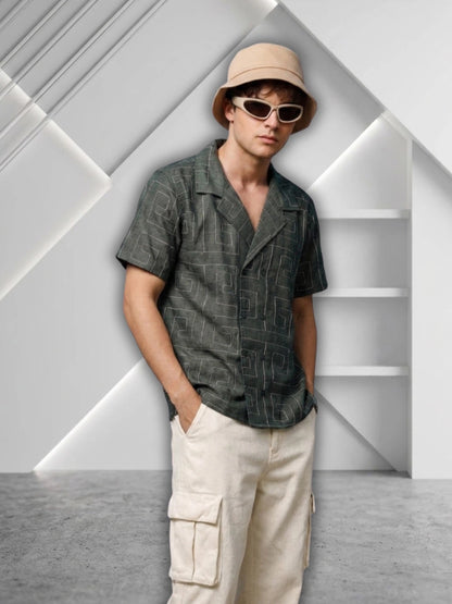 House Of Koala Olive Korean Linen Blend Embroidered Notched Lapel Collar Resort Shirt