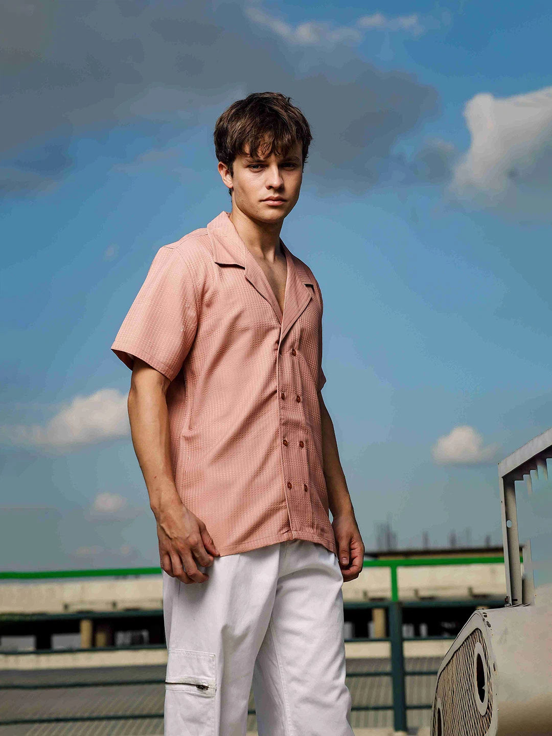 House Of Koala Peach Textured Fabric Korean Notched Lapel Collar Relaxed Fit Resort Shirt