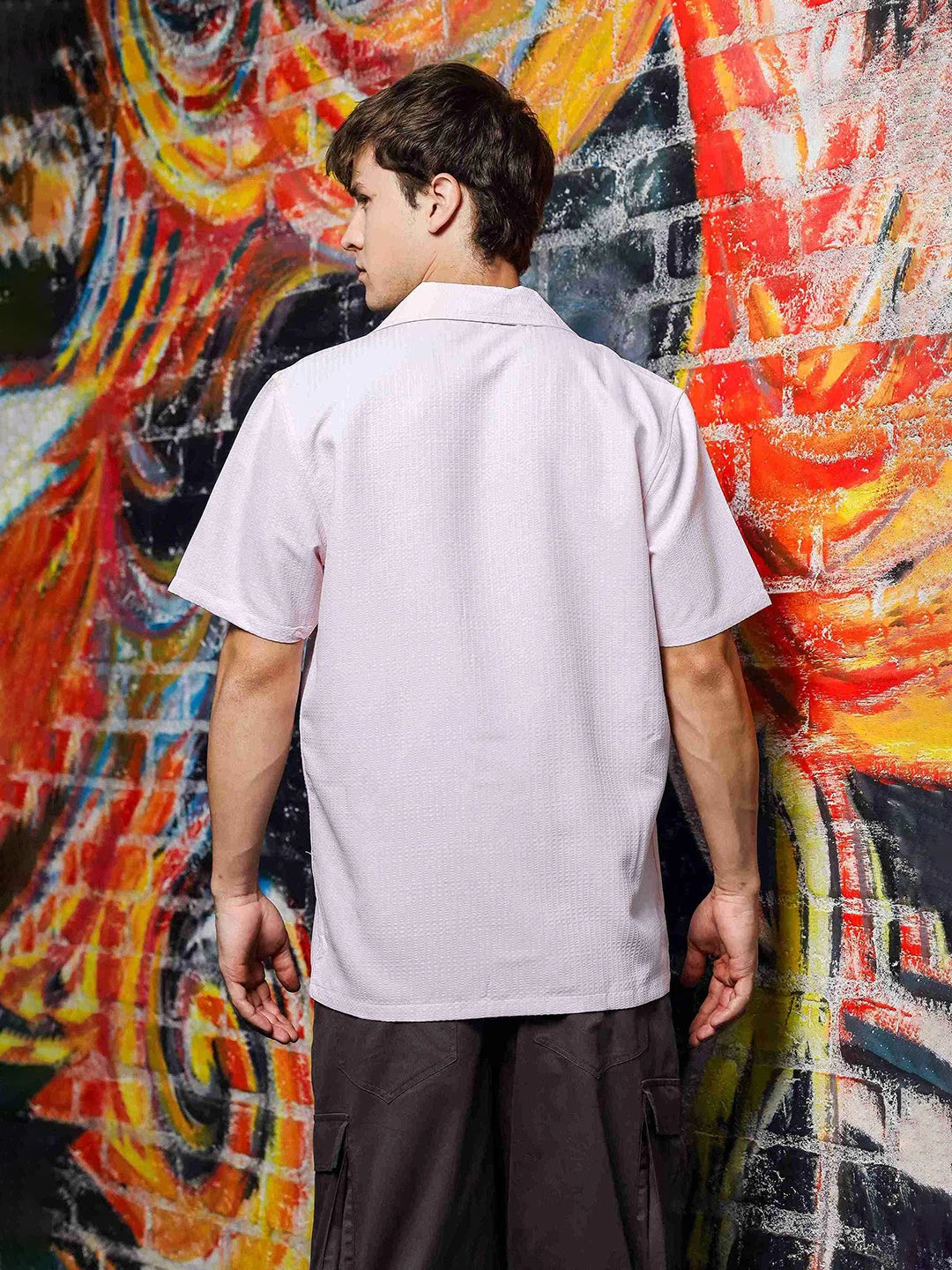 House Of Koala Textured Pink Korean Cuban Collar Resort Shirt