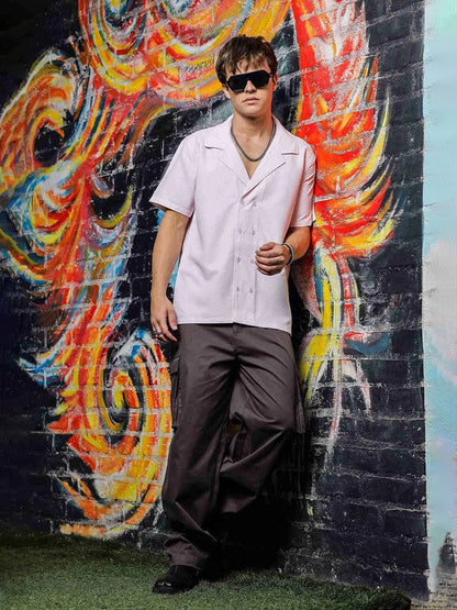 House Of Koala Textured Pink Korean Cuban Collar Resort Shirt