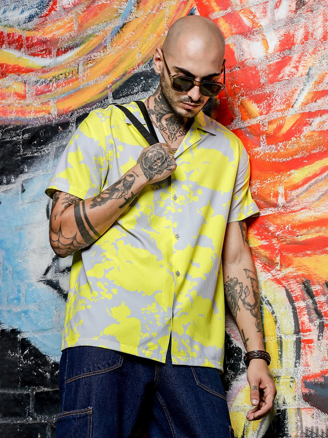 House Of Koala Oversized Fit Cuban Collar Abstract Printed Casual Shirt