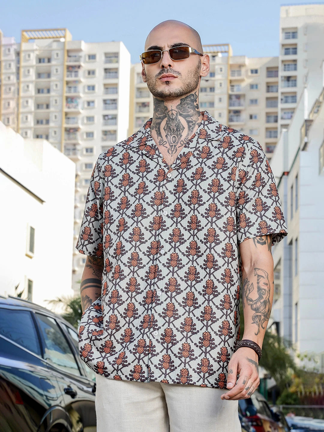 House Of Koala Beige Textured Printed Relaxed Fit Cuban Collar Resort Shirt