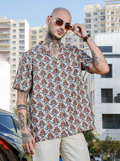 House Of Koala Beige Textured Printed Relaxed Fit Cuban Collar Resort Shirt