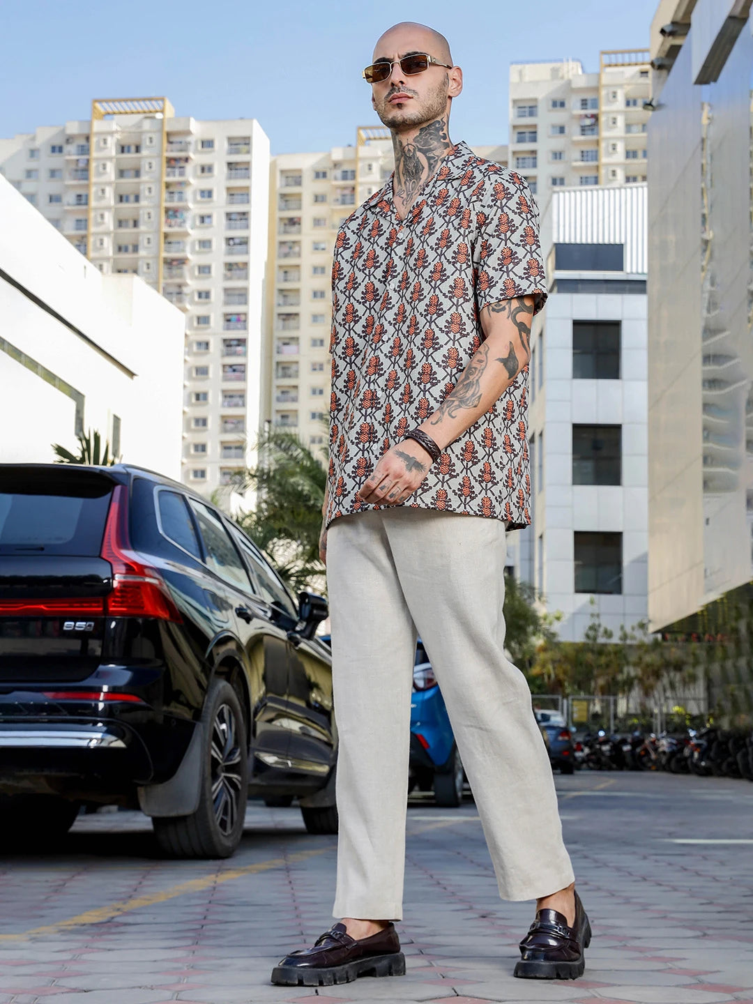 House Of Koala Beige Textured Printed Relaxed Fit Cuban Collar Resort Shirt