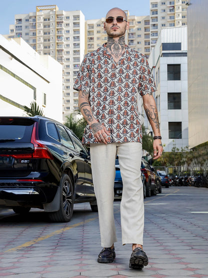 House Of Koala Beige Textured Printed Relaxed Fit Cuban Collar Resort Shirt