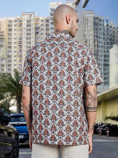 House Of Koala Beige Textured Printed Relaxed Fit Cuban Collar Resort Shirt