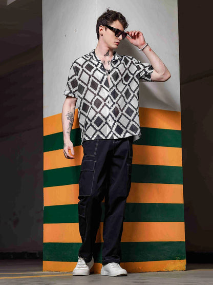 House Of Koala Black Printed Regular Fit Semi Sheer Crochet-Look Resort Shirt