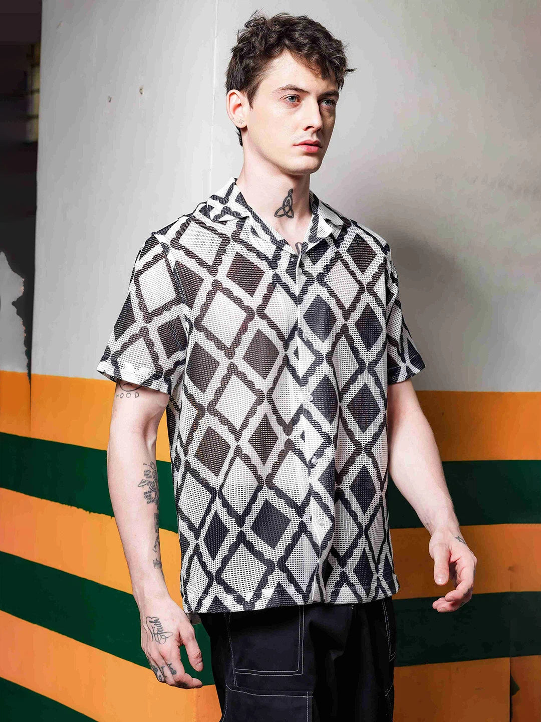 House Of Koala Black Printed Regular Fit Semi Sheer Crochet-Look Resort Shirt