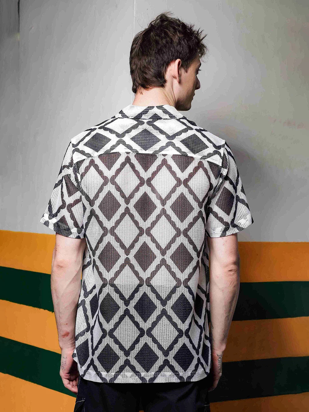 House Of Koala Black Printed Regular Fit Semi Sheer Crochet-Look Resort Shirt