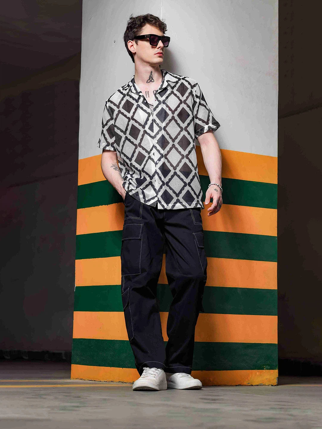 House Of Koala Black Printed Regular Fit Semi Sheer Crochet-Look Resort Shirt