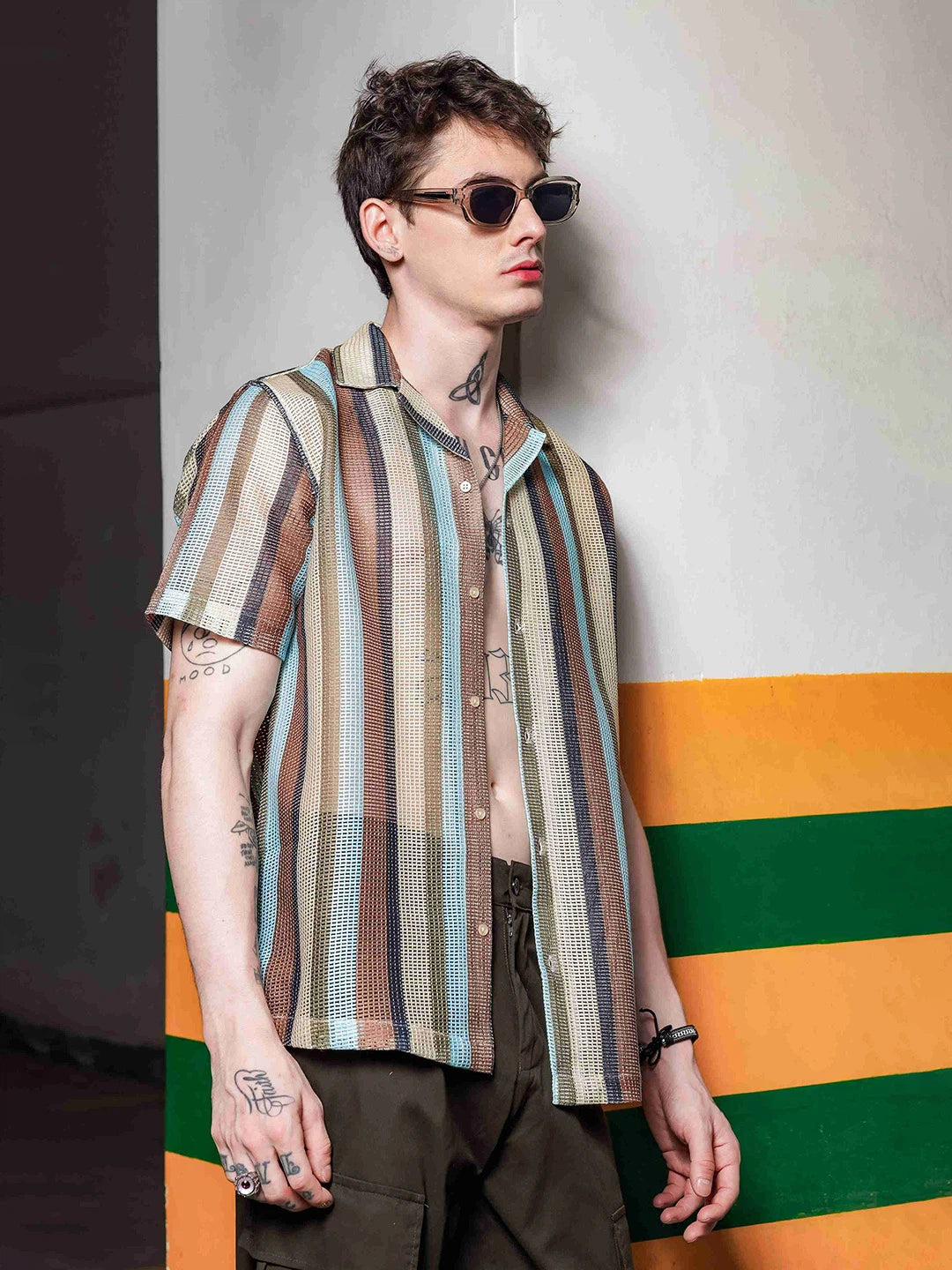House Of Koala Regular Fit Brown Striped Semi Sheer Crochet-Look Resort Shirt