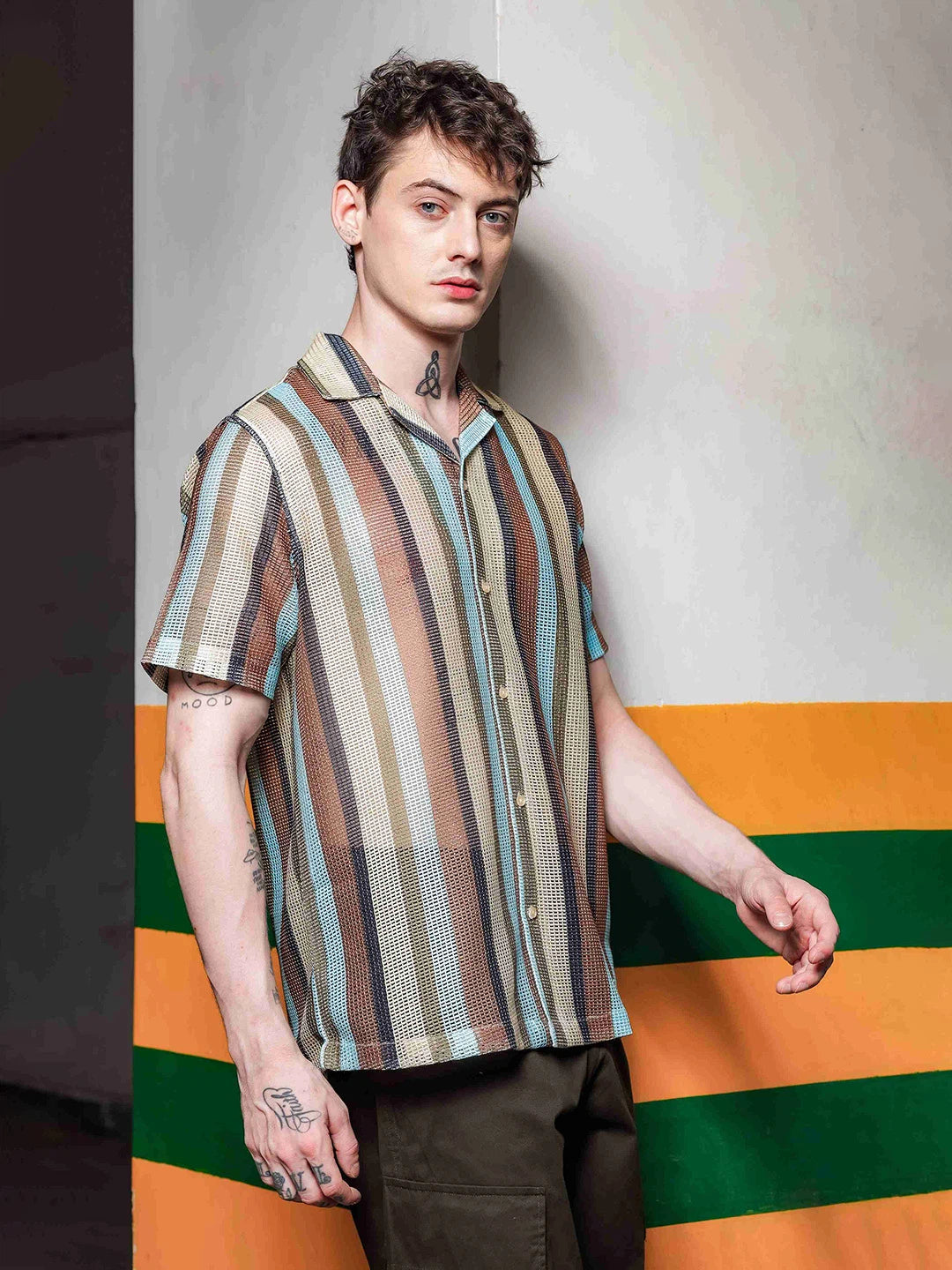 House Of Koala Regular Fit Brown Striped Semi Sheer Crochet-Look Resort Shirt
