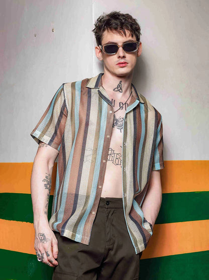 House Of Koala Regular Fit Brown Striped Semi Sheer Crochet-Look Resort Shirt