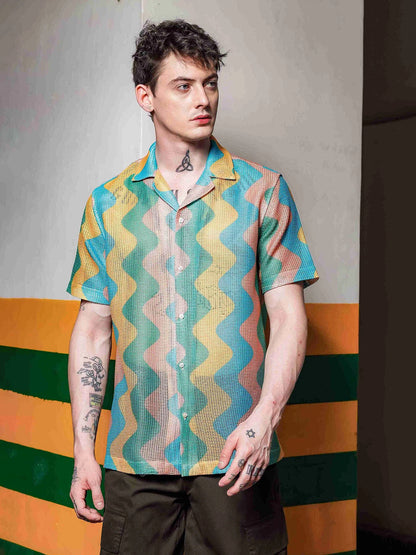 House Of Koala Relaxed Fit Semi Sheer Crochet-Look Resort Shirt