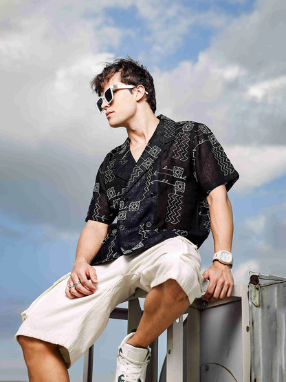 House Of Koala Linen Blend Black Korean Notched Lapel Collar Resort Shirt
