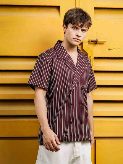 House Of Koala Brown Stripe Korean Notched Lapel Collar Resort Shirt