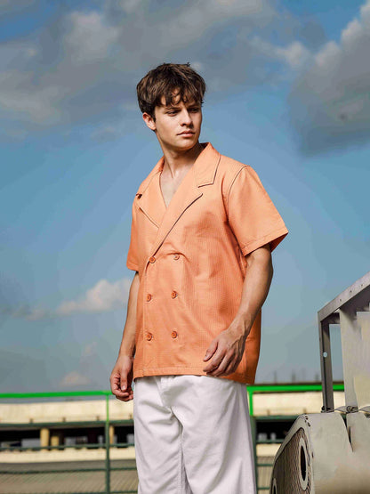 House Of Koala Textured Camel Korean Notched Lapel Collar Resort Shirt