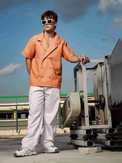 House Of Koala Textured Camel Korean Notched Lapel Collar Resort Shirt