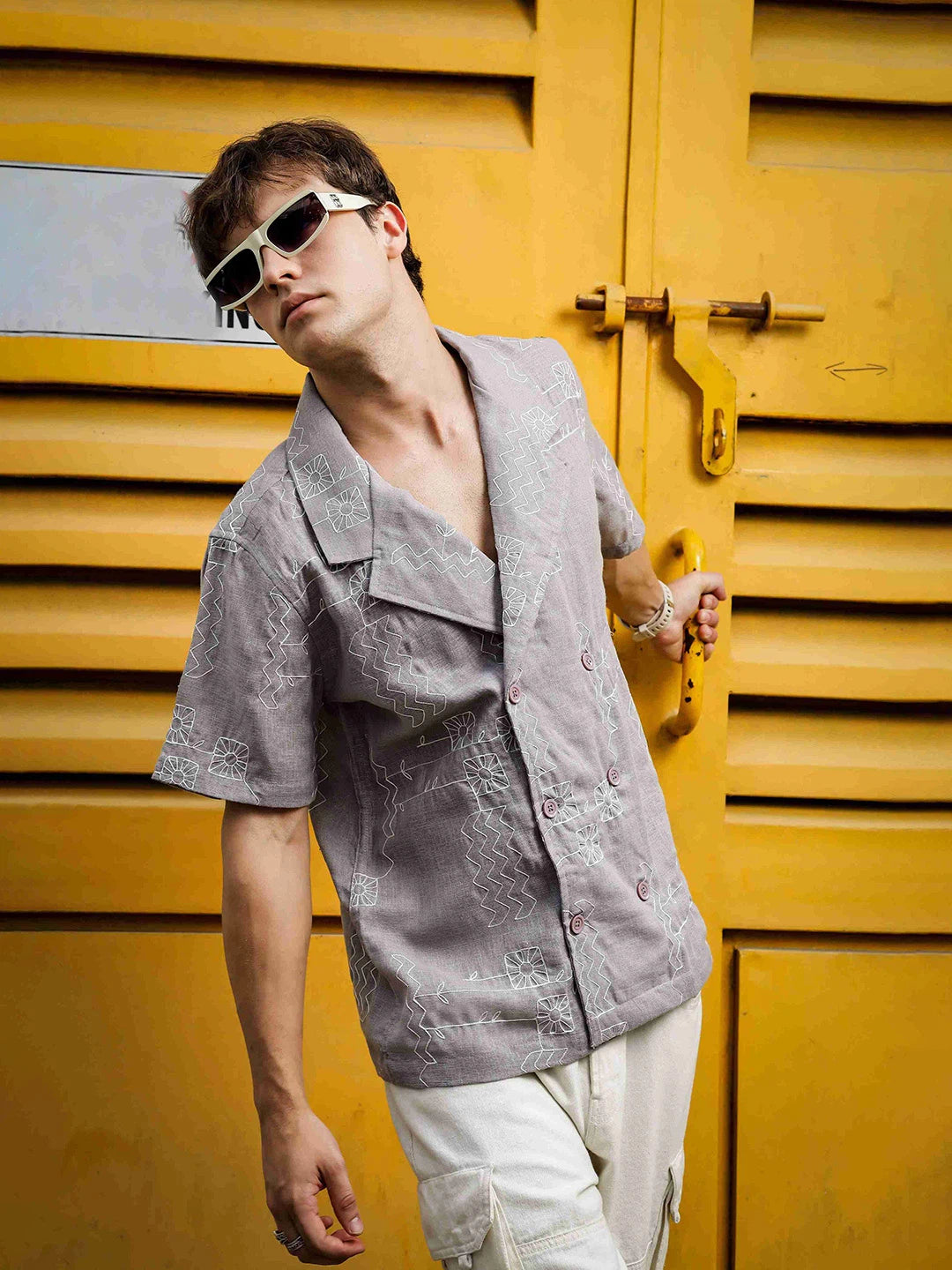 House Of Koala Linen Blend Grey Korean Notched Lapel Collar Resort Shirt