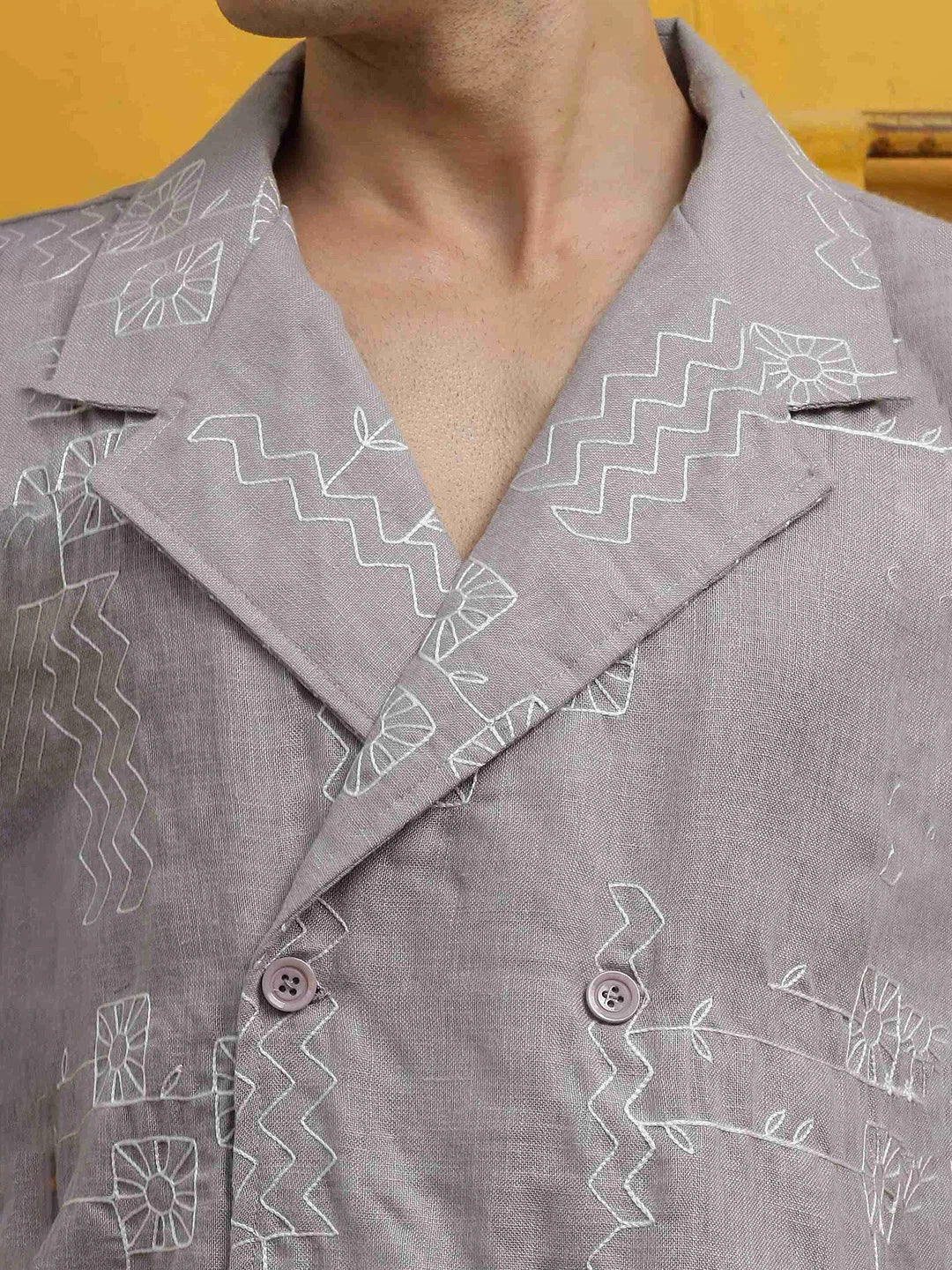 House Of Koala Linen Blend Grey Korean Notched Lapel Collar Resort Shirt