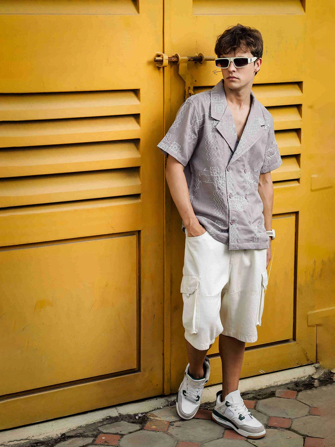 House Of Koala Linen Blend Grey Korean Notched Lapel Collar Resort Shirt