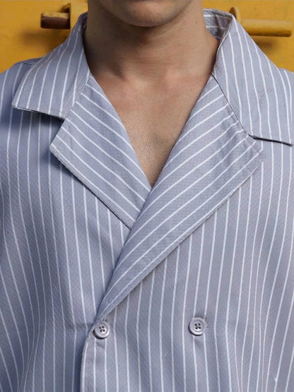 House Of Koala Grey PinStripe Textured Korean Notched Lapel Collar Resort Shirt