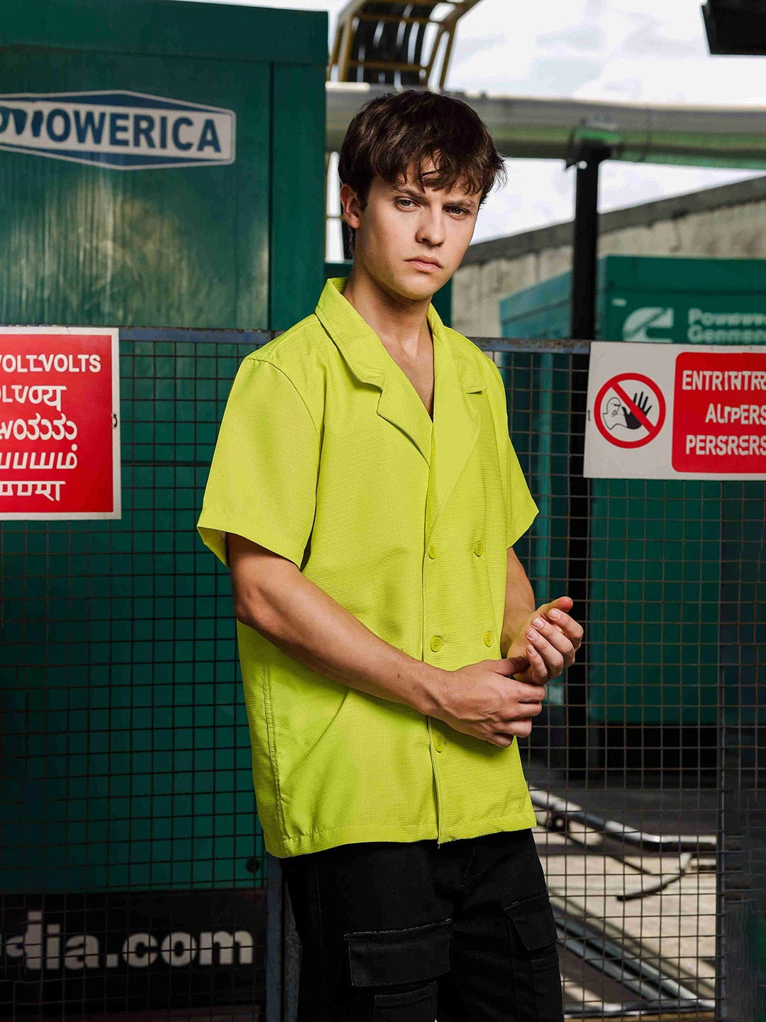 House Of Koala Textured Lime Green Korean Notched Lapel Collar Resort Shirt