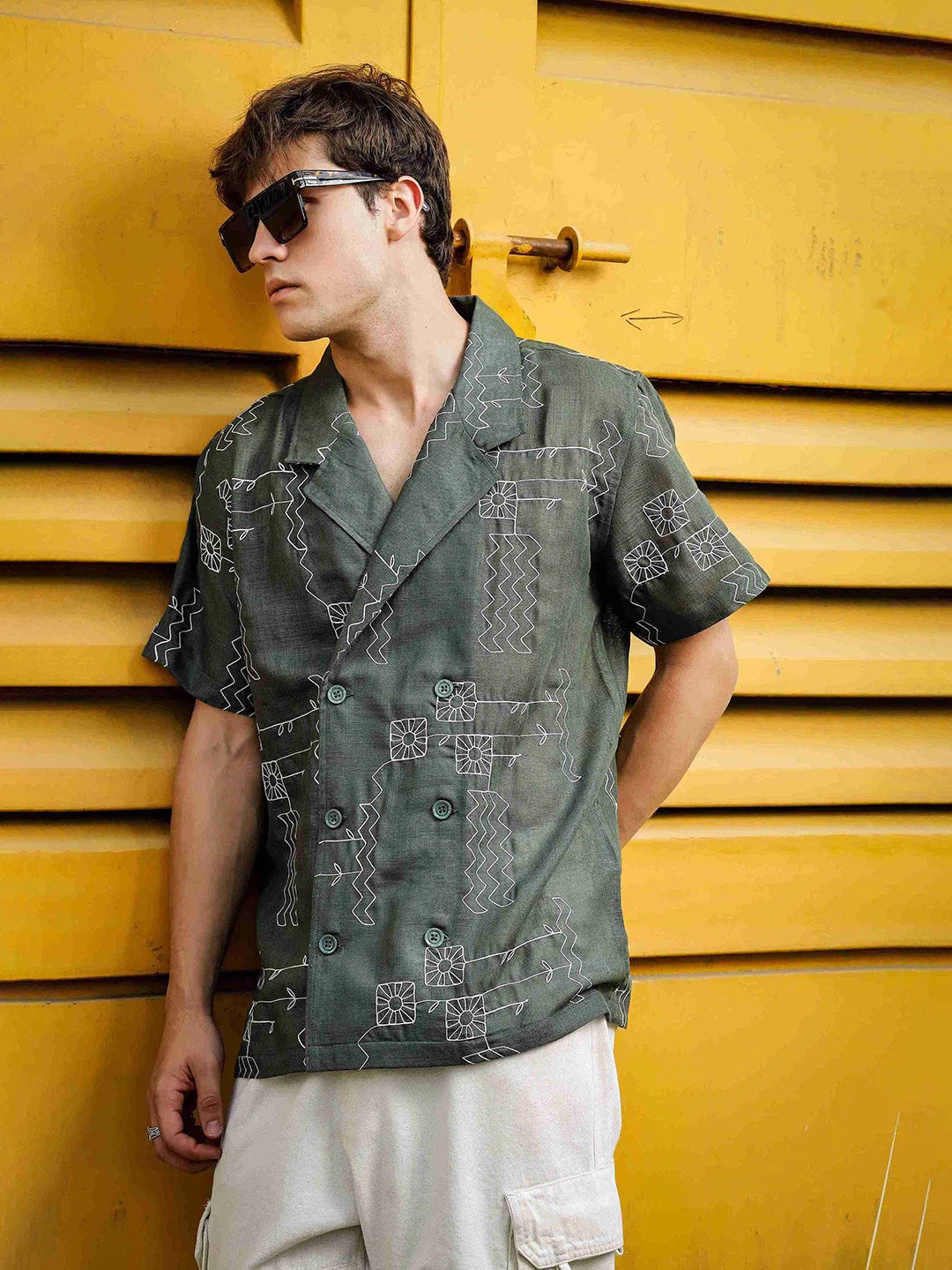 House Of Koala Linen Blend Olive Korean Notched Lapel Collar Resort Shirt