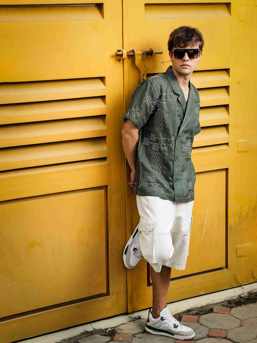 House Of Koala Linen Blend Olive Korean Notched Lapel Collar Resort Shirt