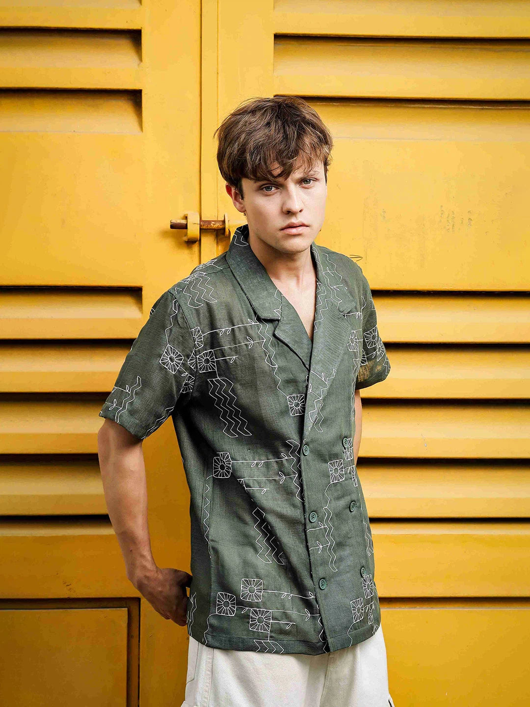 House Of Koala Linen Blend Olive Korean Notched Lapel Collar Resort Shirt