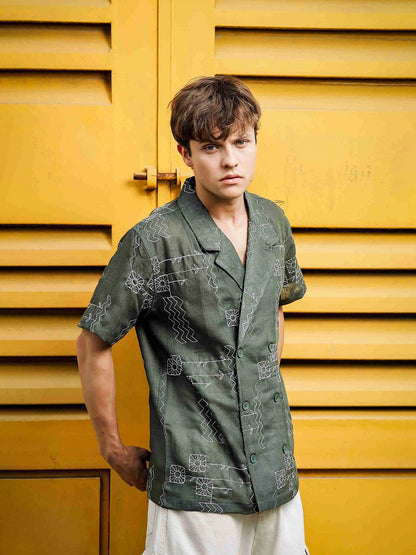 House Of Koala Linen Blend Olive Korean Notched Lapel Collar Resort Shirt