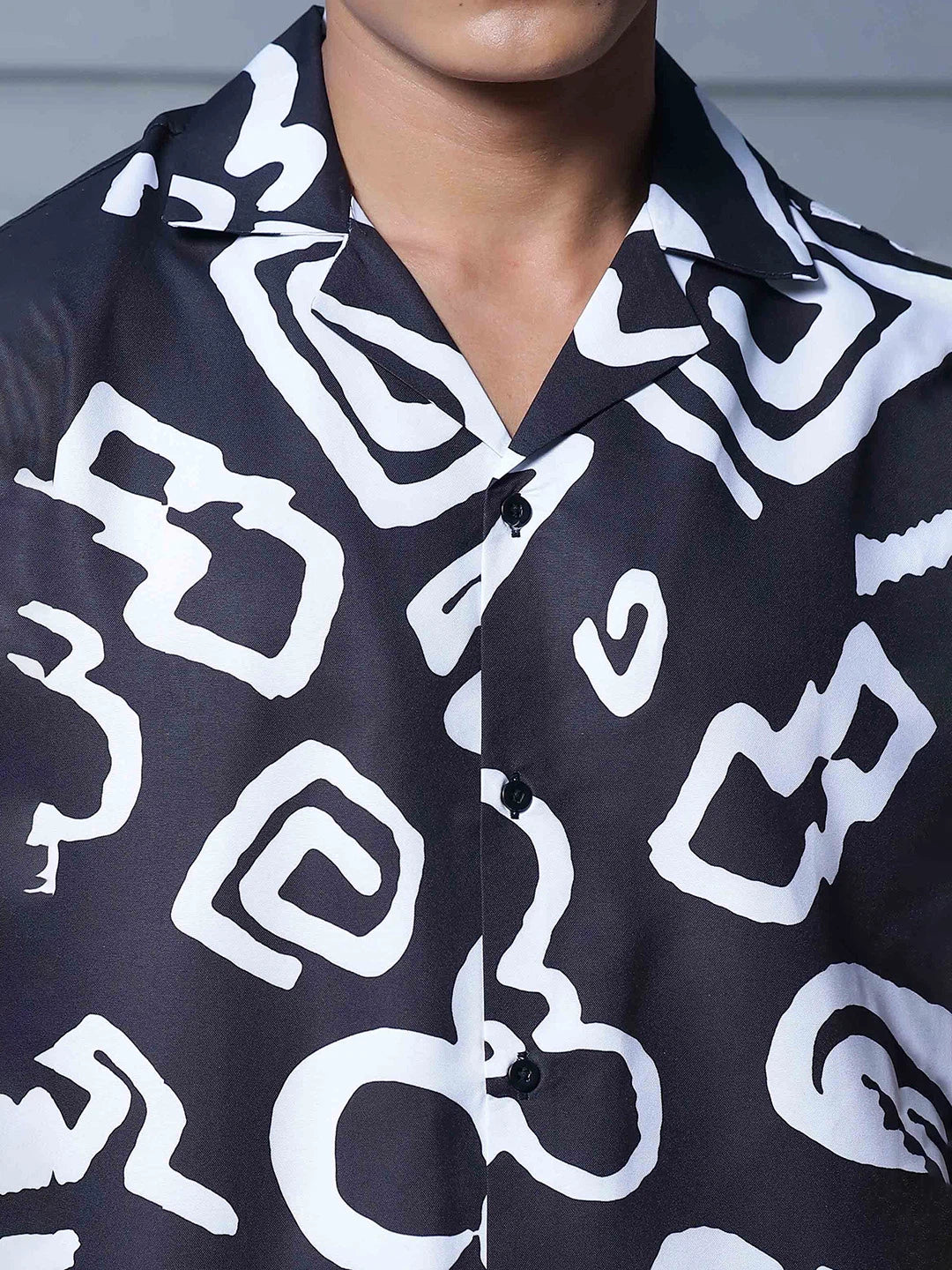 House Of Koala Black Abstract Floral Printed Cuban Collar Oversized Resort Shirt