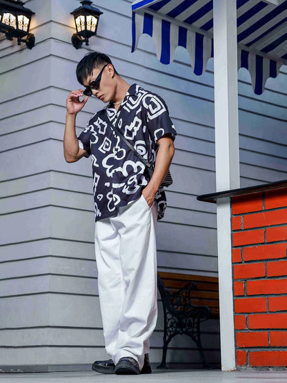 House Of Koala Black Abstract Floral Printed Cuban Collar Oversized Resort Shirt