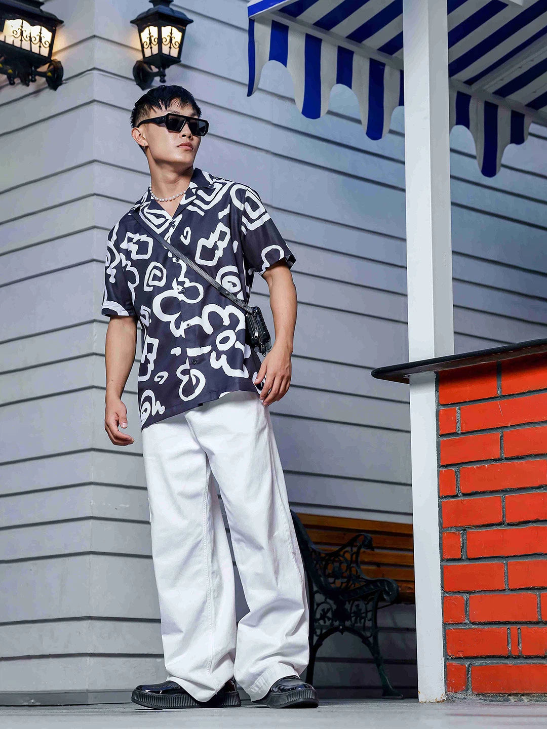 House Of Koala Black Abstract Floral Printed Cuban Collar Oversized Resort Shirt