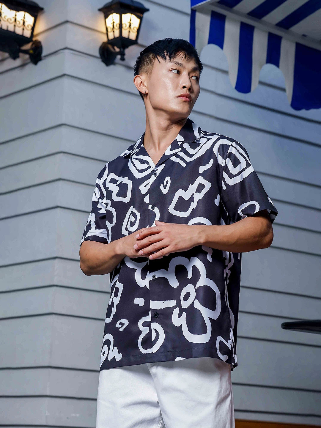 House Of Koala Black Abstract Floral Printed Cuban Collar Oversized Resort Shirt