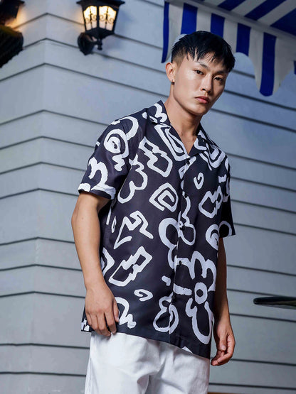 House Of Koala Black Abstract Floral Printed Cuban Collar Oversized Resort Shirt