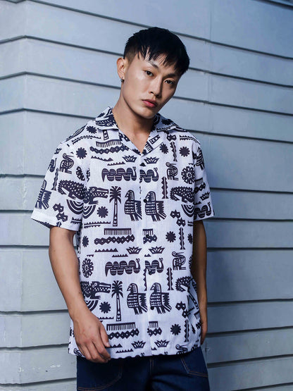 House Of Koala White Linen Blend Aztec Print Cuban Collar Oversized Resort Shirt