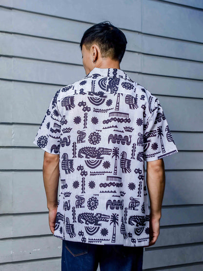 House Of Koala White Linen Blend Aztec Print Cuban Collar Oversized Resort Shirt