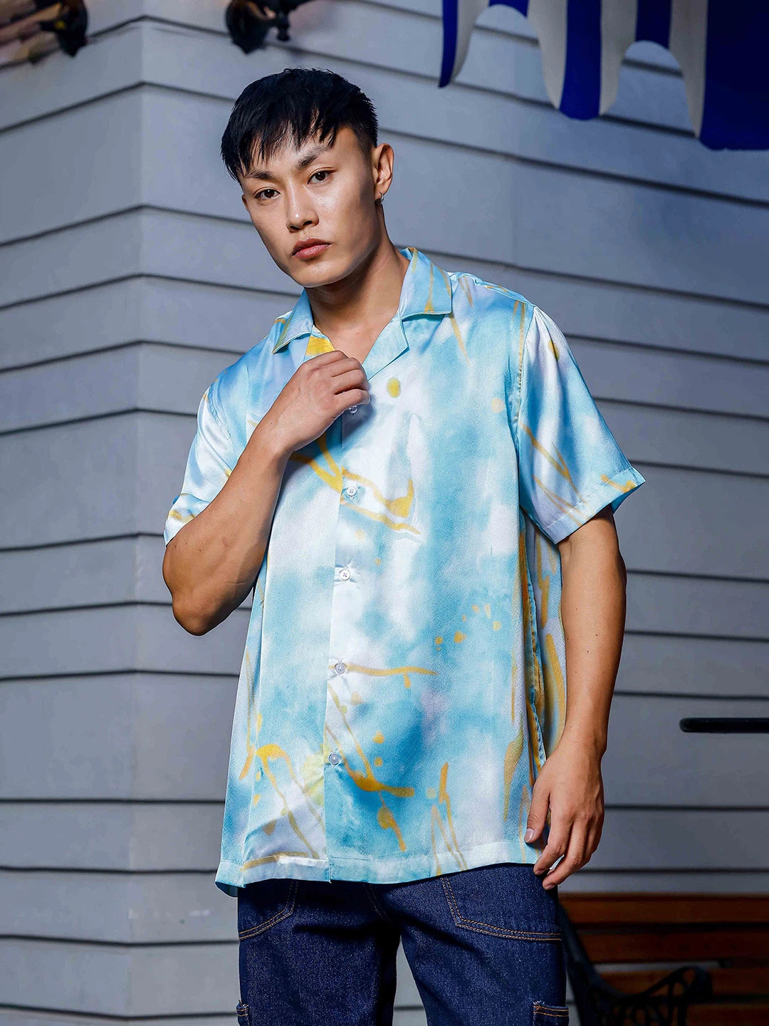 House Of Koala Blue Tie & Dye Satin Print Cuban Collar Oversized Resort Shirt