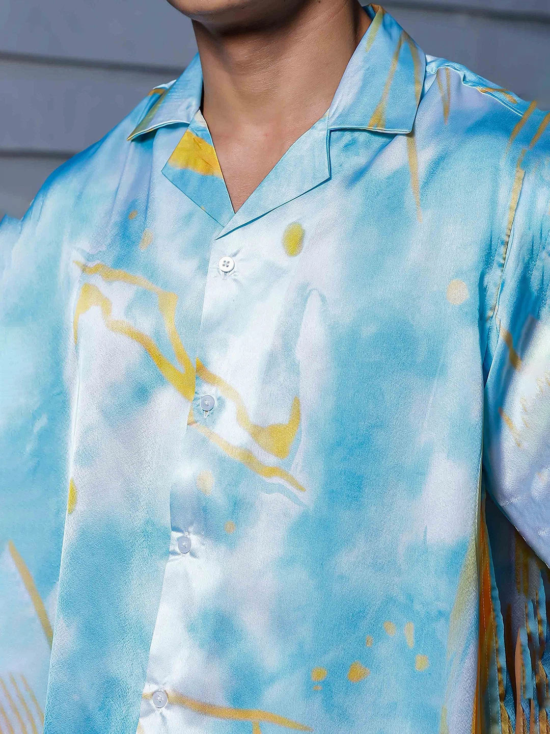 House Of Koala Blue Tie & Dye Satin Print Cuban Collar Oversized Resort Shirt
