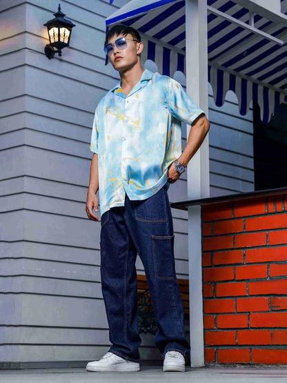 House Of Koala Blue Tie & Dye Satin Print Cuban Collar Oversized Resort Shirt