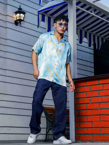 House Of Koala Blue Tie & Dye Satin Print Cuban Collar Oversized Resort Shirt