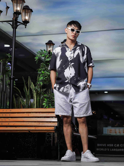 House Of Koala Black Abstract Printed Crinkled Fabric Cuban Collar Relaxed Fit Resort Shirt